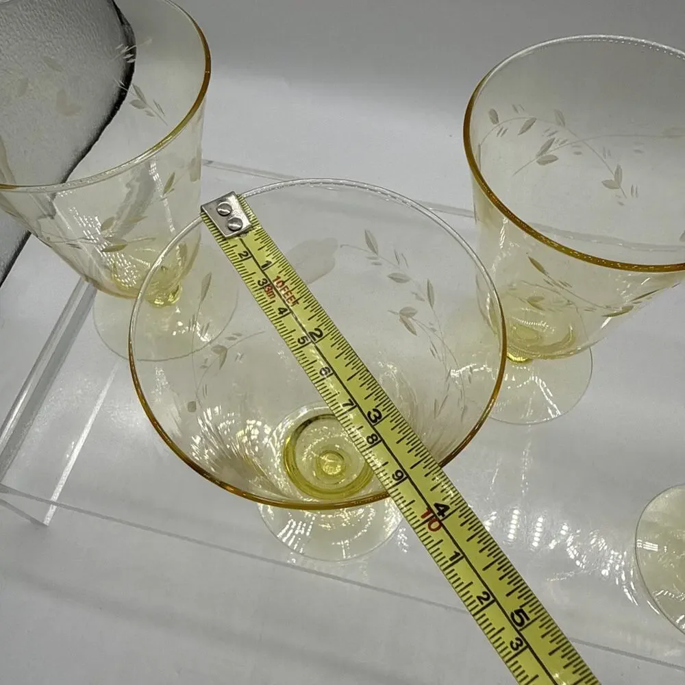 5 Vtg Yellow Depression Glass Footed Parfait Sundae Etched Franciscan Barware